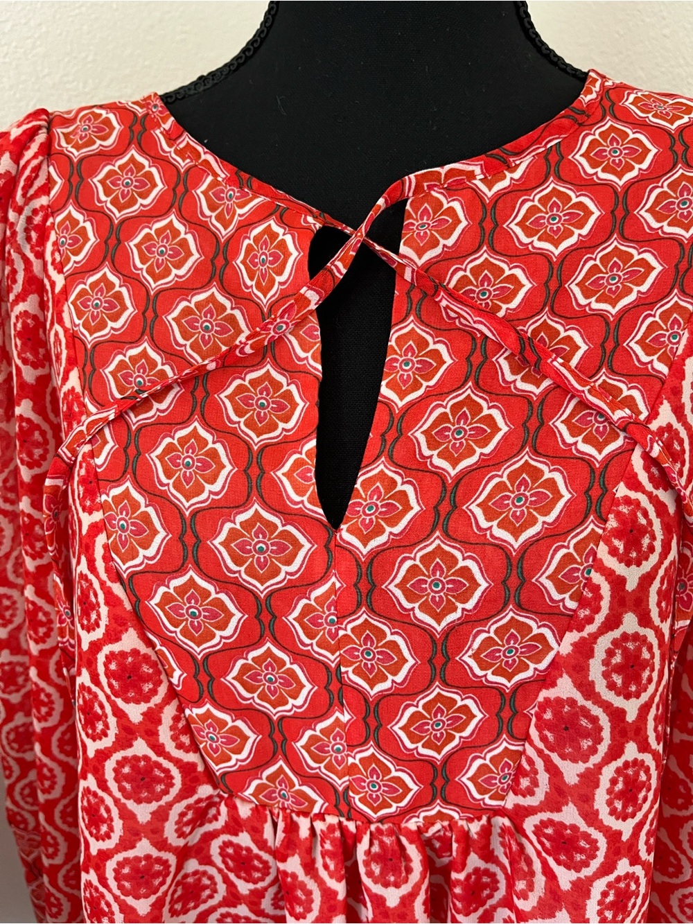 Red Patterned Keyhole Blouse